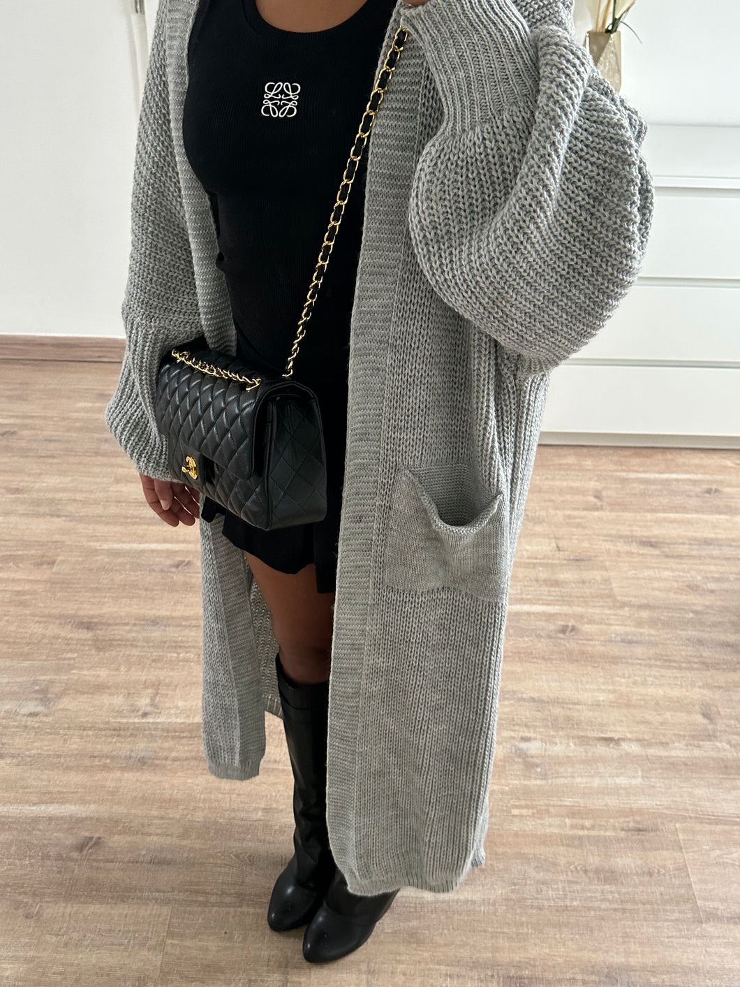 Gilet long en laine à poche [ gris ]